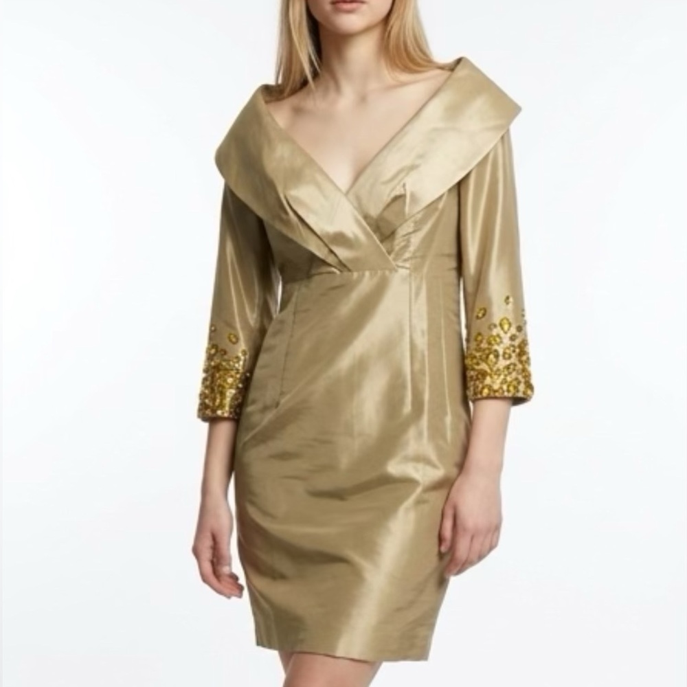 TERI JON by RickieFreeman Gold Off-Shoulder Cocktail DressEmbellished Cuffs